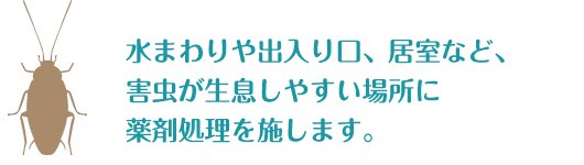 水まわりや出入口、居室など、害虫が生息しやすい場所に薬剤処理を施します。